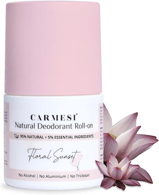 Carmesi Natural Deodorant Roll-on for Women | 95% Natural + 5% Essential Ingredients | For Fresh Underarms All Day | No Aluminium | No Triclosan | Floral Sunset | 50 ml