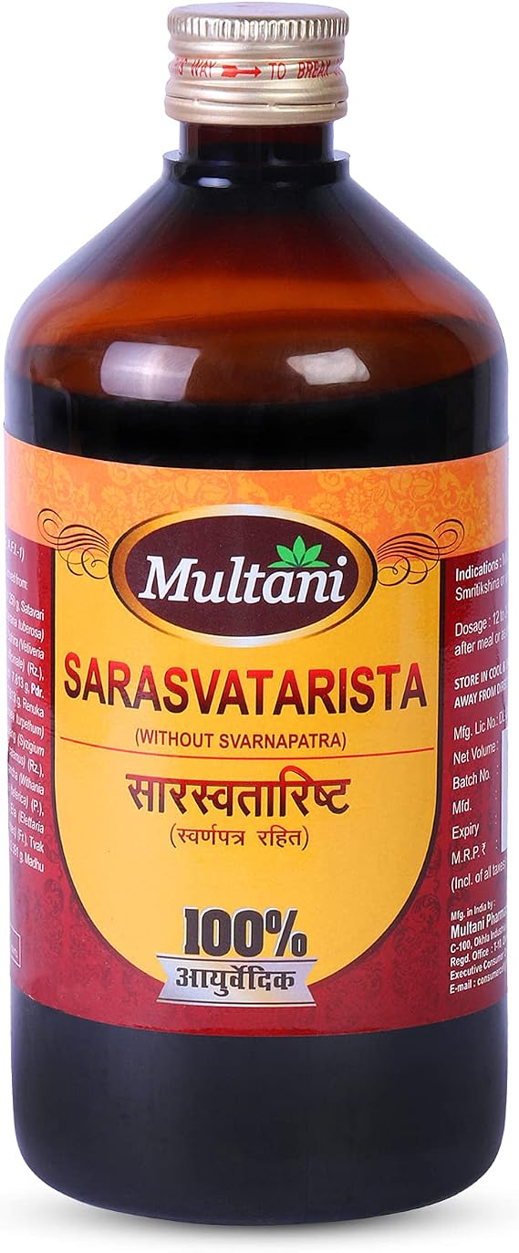 Multani Saraswatarishta | Useful for Concentration & Cognitive Health | Useful In Insomnia, Stress, Anxiety & General weakness Tinnitus | Beneficial for Focus & Learningg| Ayurvedic Tonic for Brain