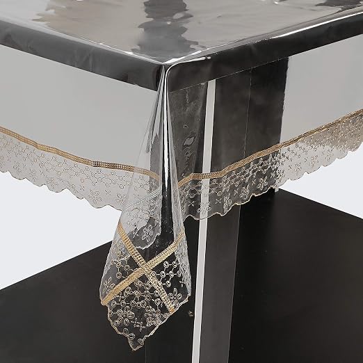 Oriental Weavers PVC Transparent 6 Seater 6-8 Seater Large Table Cover 60 X 90 in Durable Thick No Joint Embossed Golden Lace Reversible Border